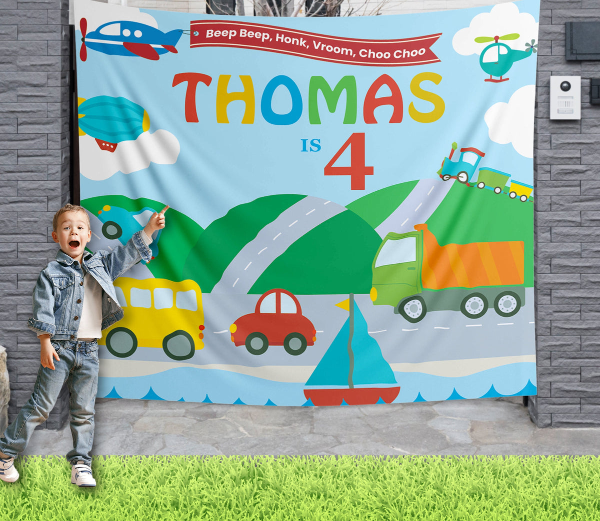 Transport Backdrop, Transportation Birthday Decor, Transport Banner, Vroom vroom Truck Car Background, Cars Trains Trucks and Planes