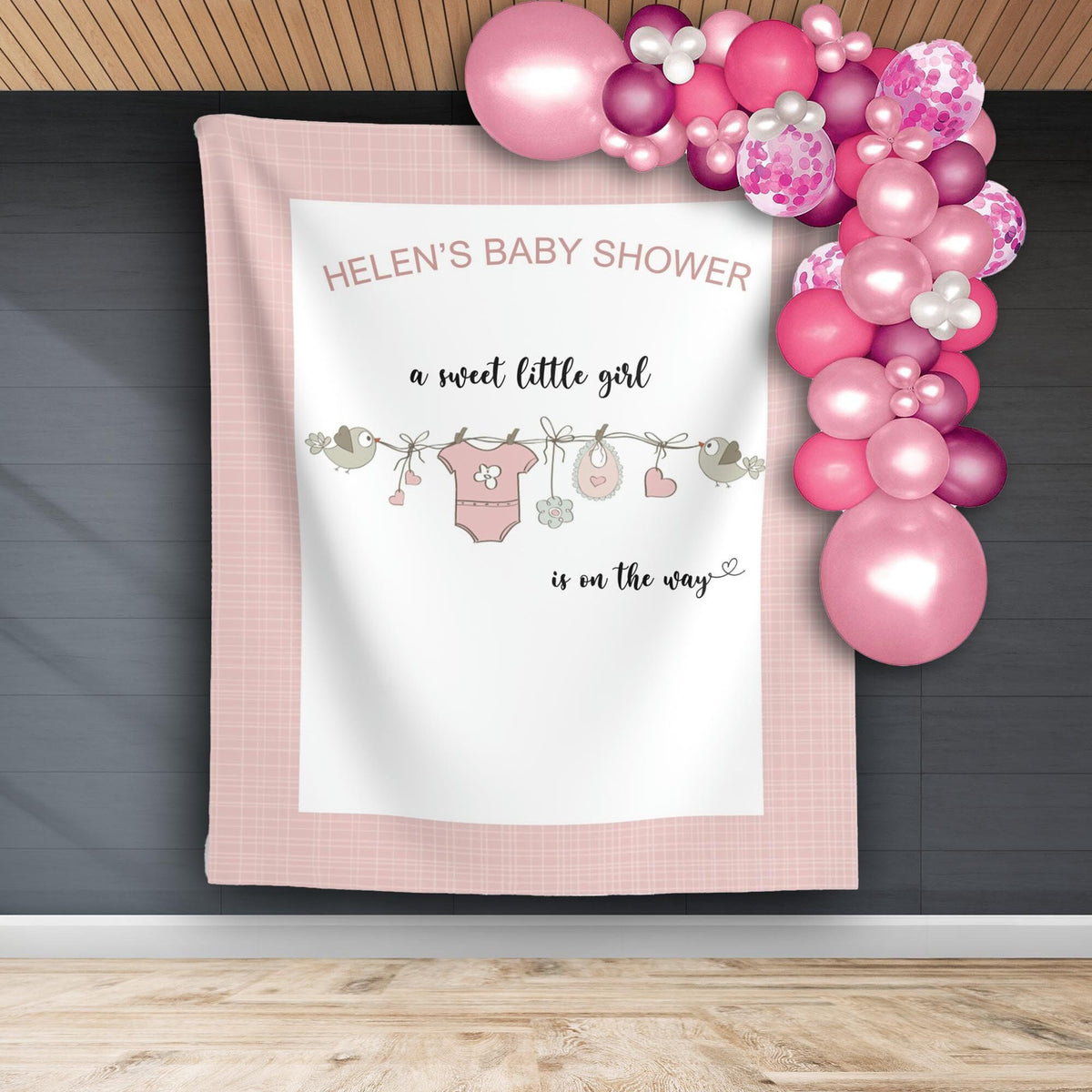 Custom Baby Shower Backdrop Sweet Little Girl On The Way Photo Booth Pink Girl Baby Cloths Shower Decoration Simple Modern Shower background
