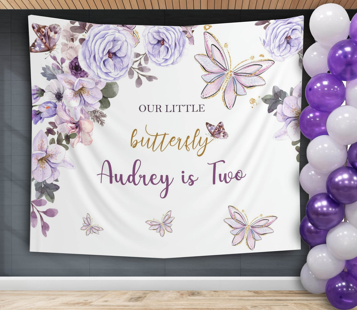 Purple Butterfly Birthday Backdrop Little Butterfly Banner First Birthday Decor Girl Butterfly Party Vintage Style Floral Background Gold