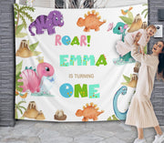 Dino 2nd Birthday Banner, Dinosaur Party Backdrop, One Year, Two Years Old Birthday Decor, Little Dino is One, Boy First Birthday Tapestry