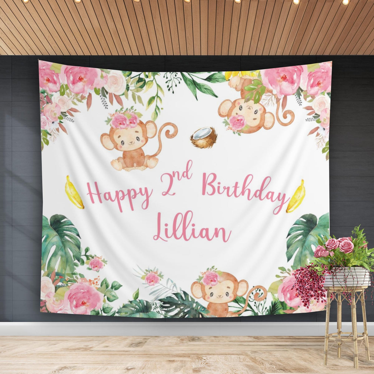 Pink Floral Monkey Jungle Safari Birthday Backdrop