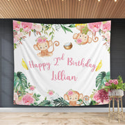 Pink Floral Monkey Jungle Safari Birthday Backdrop