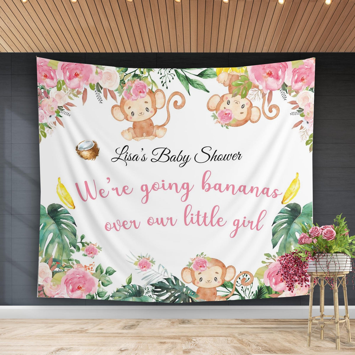 Pink Floral Monkey Jungle Baby Shower Backdrop