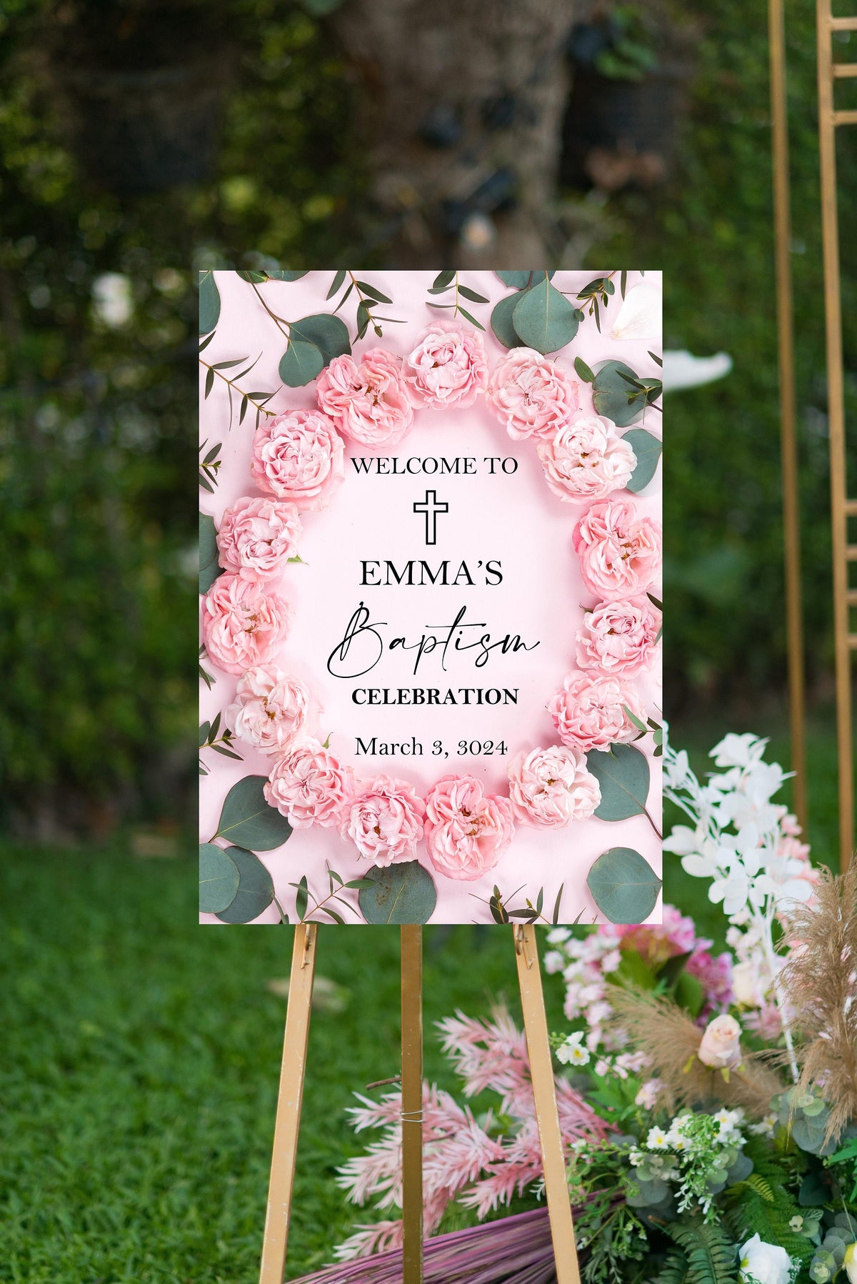 Pink Roses Baptism Foam Board Poster Sign Printed Girl Christening Religious Foamcore Welcome Sign Announcement Sign First Holy Communion