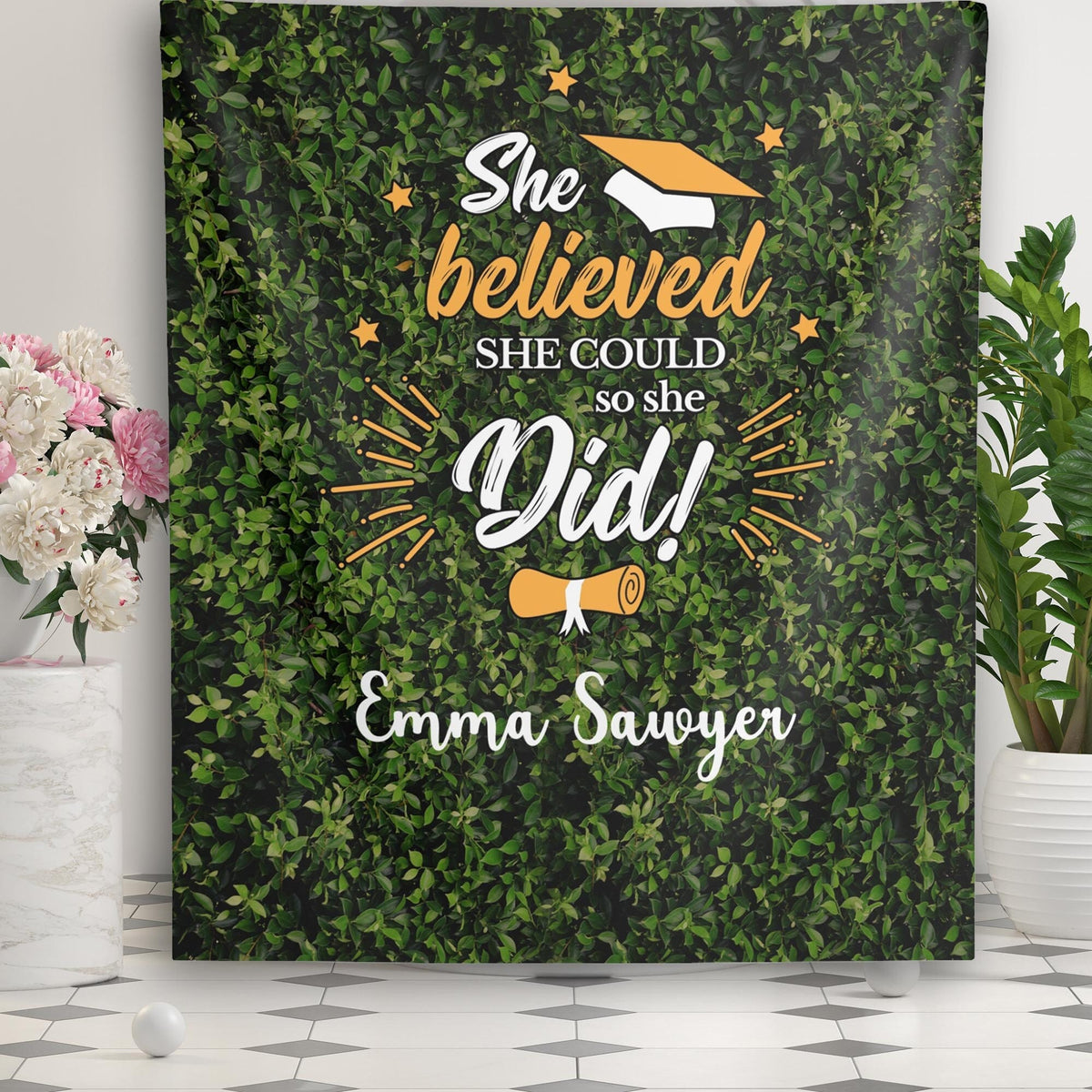 She Believed She Could so She Did Graduation Backdrop Grass Wall Promotion Banner Fabric Hedge Wall Graduation Party Decor High School