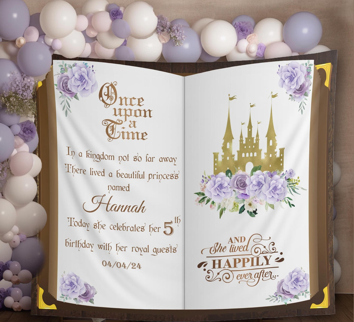 Lavender Book Backdrop Once Upon a Time Princess Birthday Party Decoration Fairytale Storybook Photo booth Lilac Blush First Birthday Castle