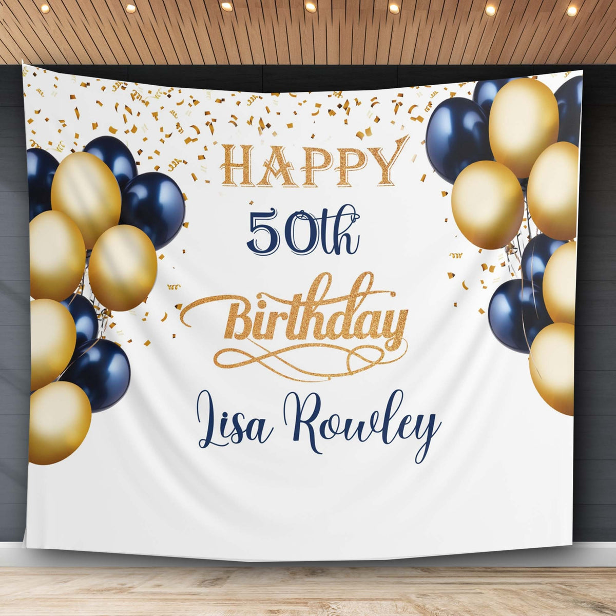 Navy Blue Gold Happy Birthday Banner Personalized 50th 25th Party Balloon Confetti Banner Kid Boys Adult Party Wall Decor Celebration