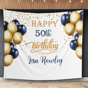 Navy Blue Gold Happy Birthday Banner Personalized 50th 25th Party Balloon Confetti Banner Kid Boys Adult Party Wall Decor Celebration