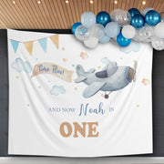 Airplane birthday Banner Flying into one Backdrop Flight crew Party Photobooth