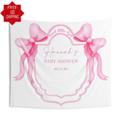 Pink Bow Girl Baby Shower Backdrop Custom Watercolor Ribbon Baby Sprinkle Banner Minimalist 1st Birthday Party Photo Booth Sweet Little Girl