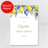 Printed Shipped Bridal Shower Sign, Blue Lemon Floral Citrus Poster Paper, Bachelorette Party Decor, Custom Welcome Sign