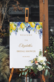 Printed Shipped Bridal Shower Sign, Blue Lemon Floral Citrus Poster Paper, Bachelorette Party Decor, Custom Welcome Sign