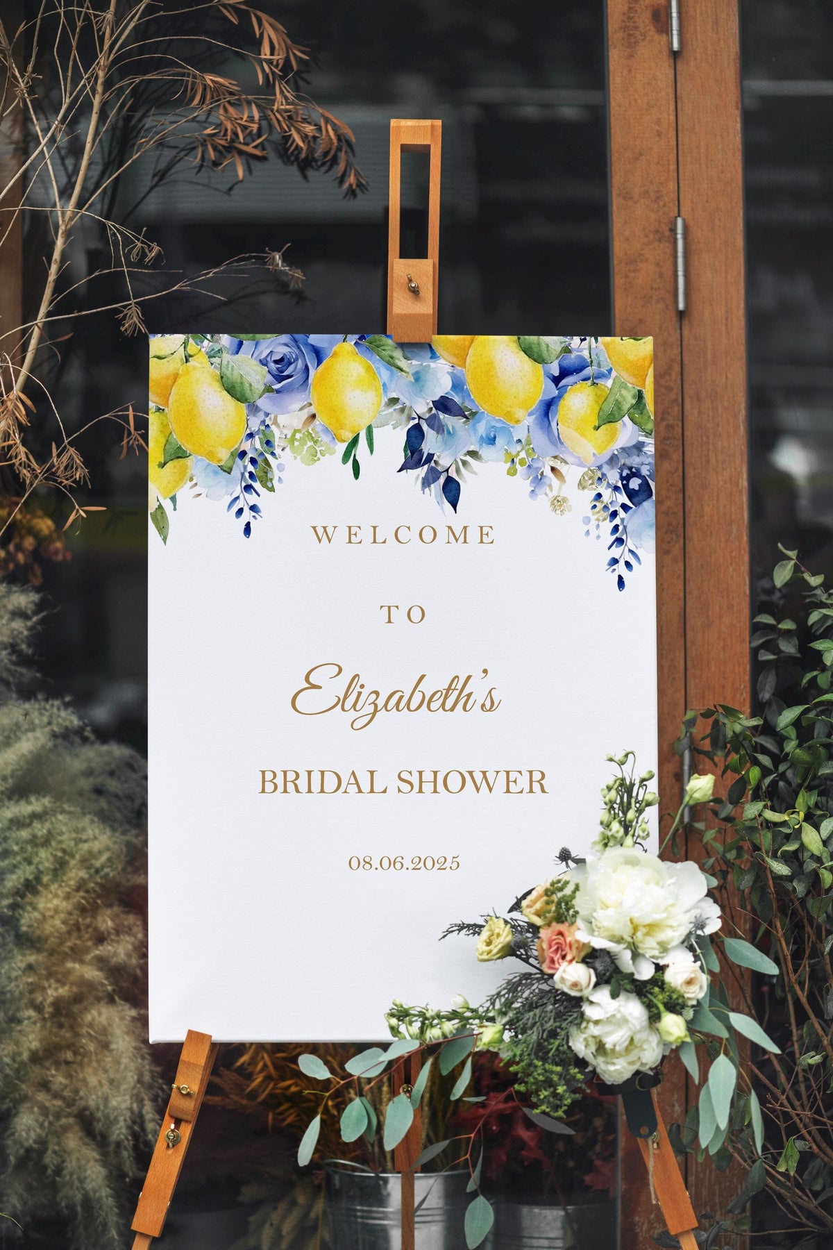 Blue Lemon Bridal Shower Sign Printed and Shipped Blue Floral Citrus Poster Paper Bachelorette Party Decor Custom Welcome Sign