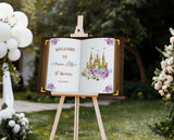 Printed Purple Birthday Sign Princess Prince Floral Welcome Sign Personalized Foam Board Fairytale Birthday Custom Storybook Decoration