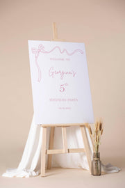 Printed Coquette Bow Birthday Sign Blush Ribbon Welcome Poster Custom Foamboard Party Sign Welcome Personalized Simple Birthday Decor