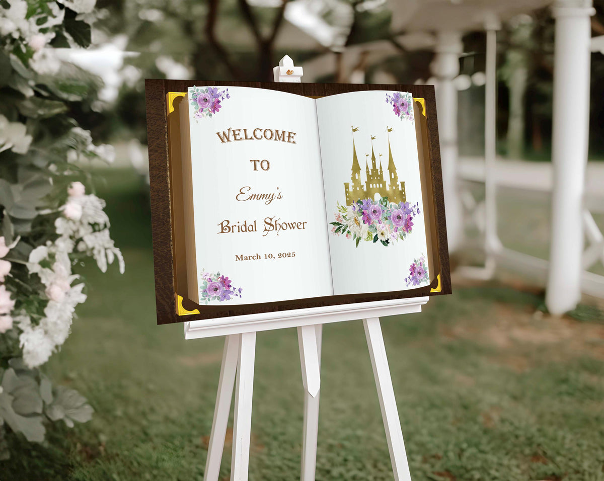 Bridal Shower Sign Fairytale Princess Party Welcome Sign Purple Floral Foamboard Castle Book Wedding Shower Poster Bridal Brunch Future Mrs