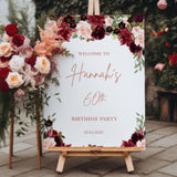 Burgundy Blush Birthday Welcome Sign Floral 60th 80th Birthday Party Foam Board Printed Yard Sign Womens Girls Party Poster 30th Birthday