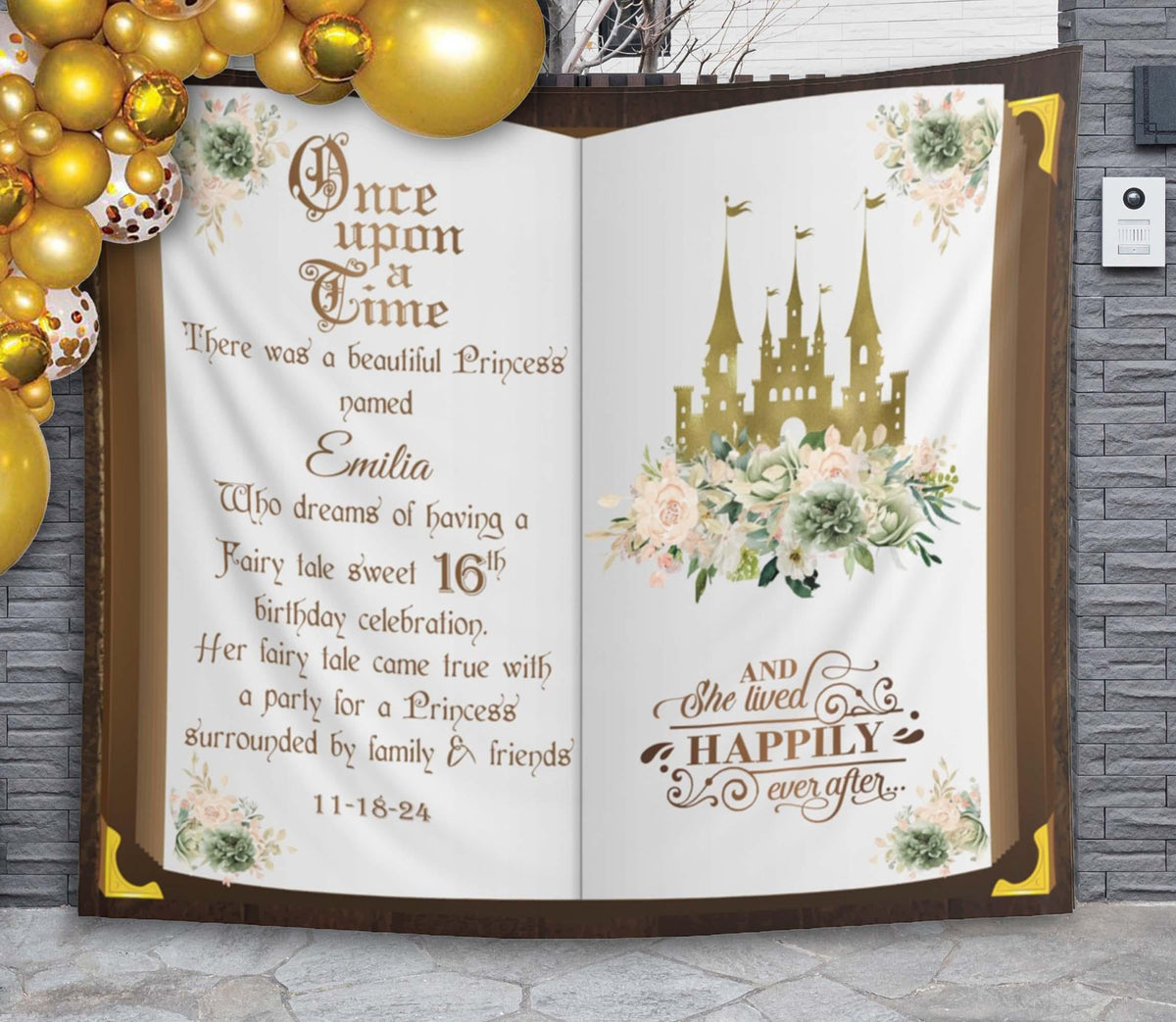 Sage Green Ivory Birthday Decor Sweet 16 Fairytale Dream Backdrop Quince Party Banner Princess Book Photobooth Champagne Gold Castle Sign