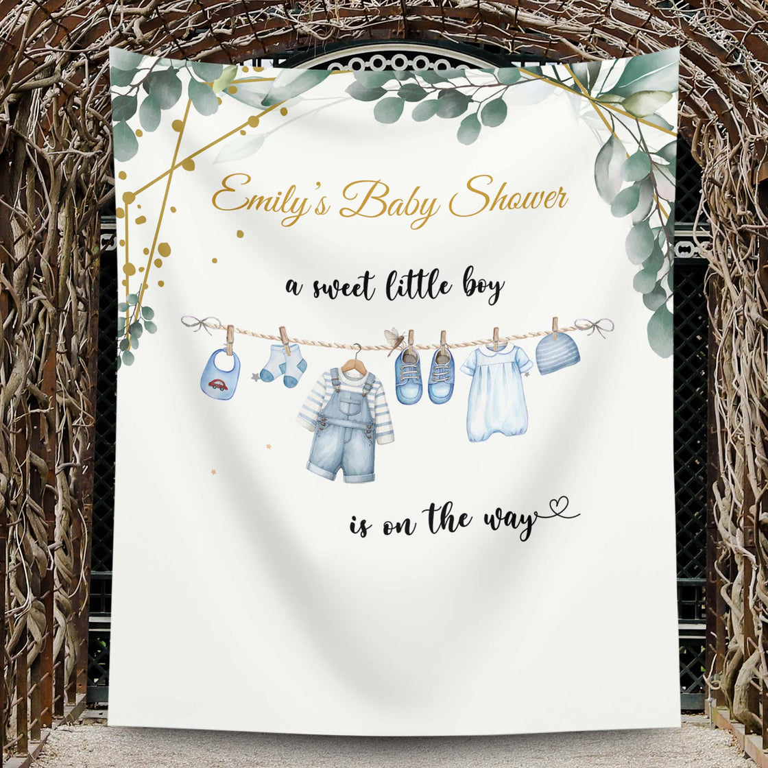 Sweet Baby Boy Baby Shower Backdrop Blue Baby Clothes Banner