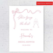 She's Tying The Knot Printed Bridal Shower Sign Custom Coquette Bow Engagement Foamboard Bachelorette Party Future Mrs Decor Wedding Poster