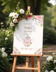 Printed Tea Pot Birthday Party Sign Floral Welcome Poster Custom Foamboard