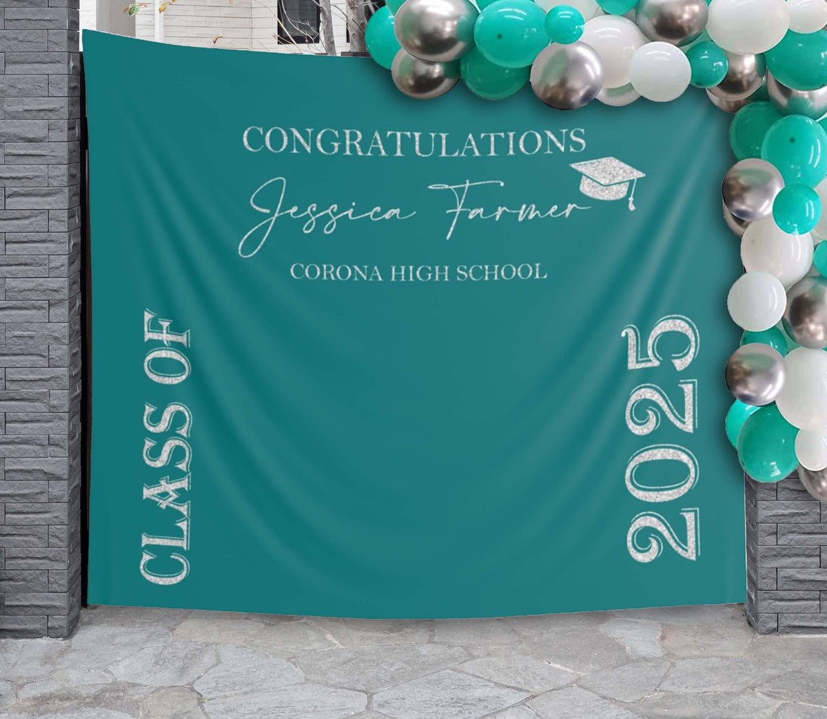 Teal Silver Graduation Decor Class of 2025 Backdrop Custom Grad Party Banner Personalized PhotoBooth High School College Senior Graduation