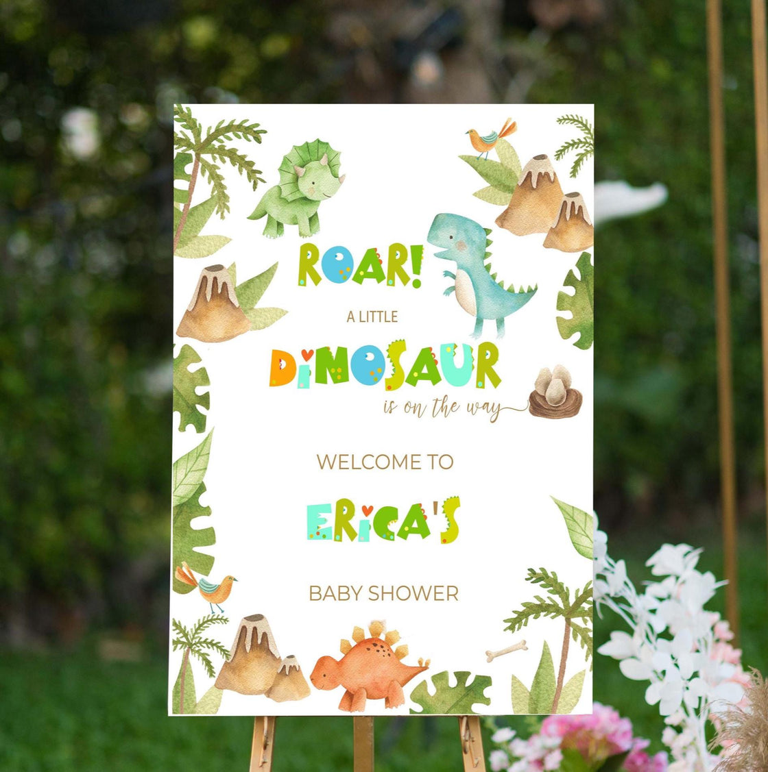 Printed Dino Baby Shower Welcome Sign, Zoo Animal Theme Foamboard,