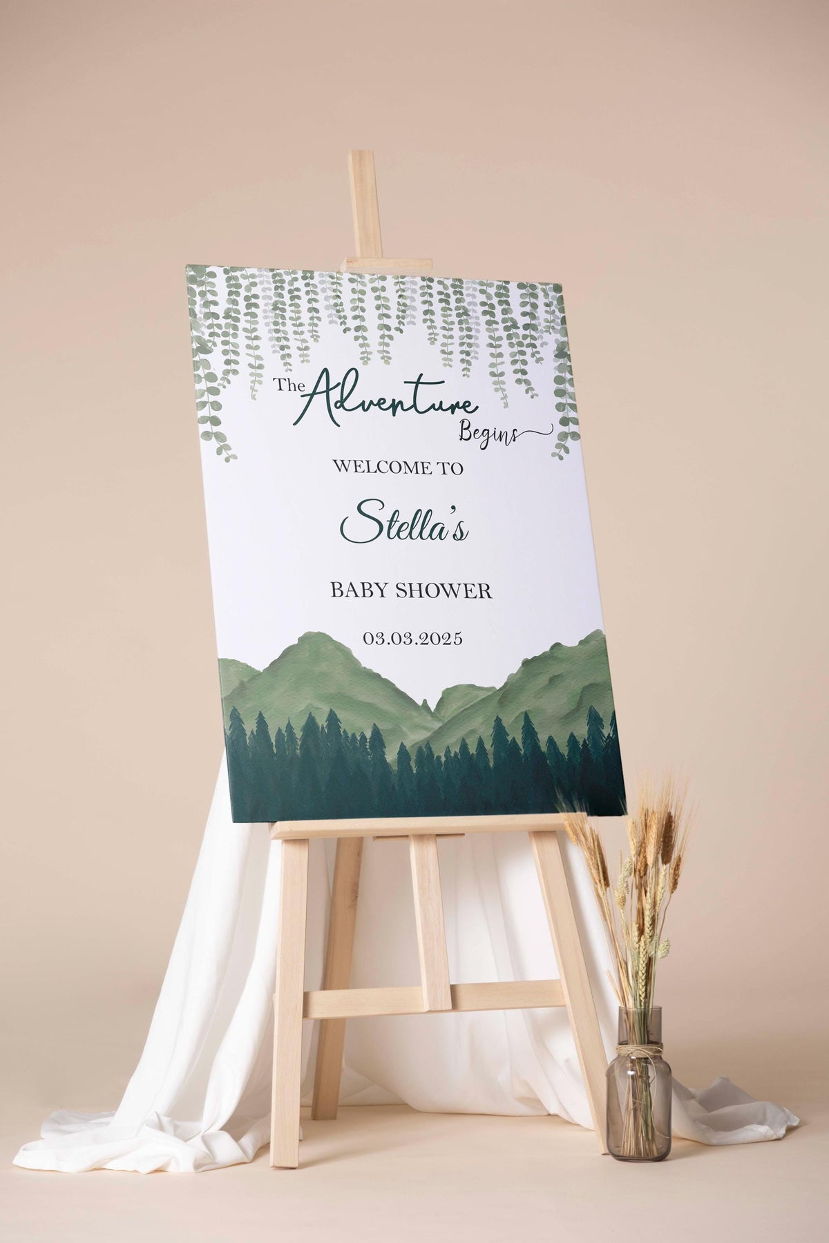Printed Adventure Baby Shower Welcome Sign, Greenery Mountain Theme Foamboard, Adventure Awaits Paper Poster, Custom Name Welcome Sign