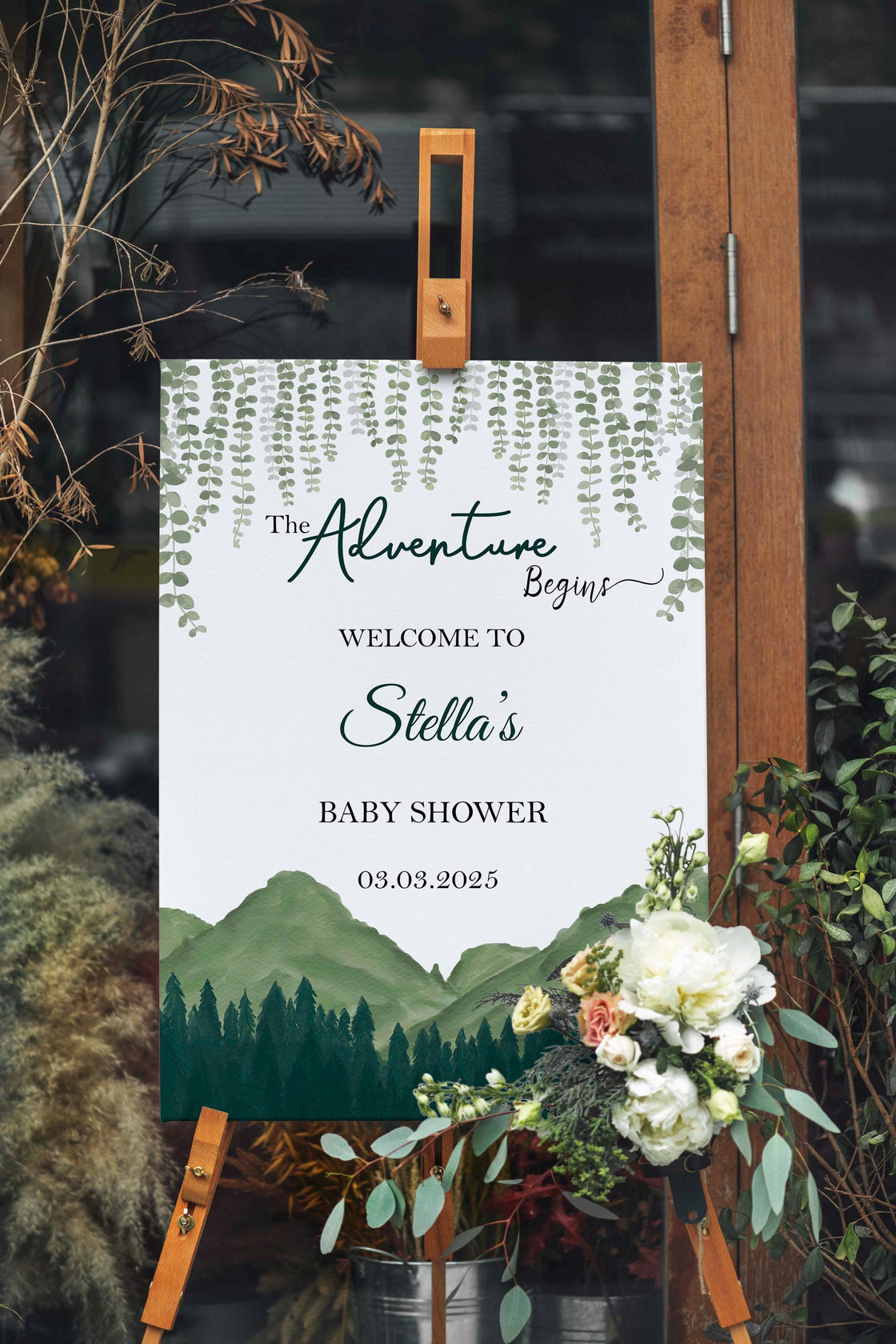Printed Adventure Baby Shower Welcome Sign, Greenery Mountain Theme Foamboard,