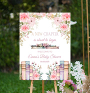 Printed Baby Shower Welcome Sign New Chapter Book Theme Baby Sprinkle Foam Board Custom Pink Floral Blush Baby Shower Entrance Decor