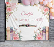Magical 1st Birthday Party Backdrop, Pink Floral Book Theme First,