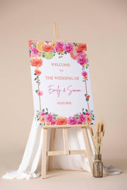 Printed Wedding Welcome Sign, Personalized Engagement Foamboard, Bright Floral Entrance Sign, Hot Pink Mediterranean Reception Decor