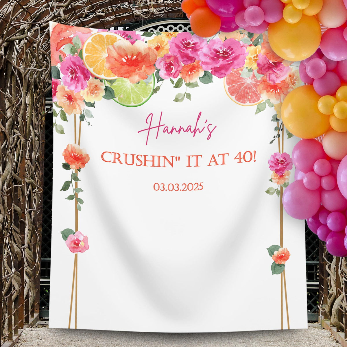 Citrus Birthday Backdrop, Hot Pink orange Party Decor, Crushin It at 40, 30th 50th 70th 80th Birthday Decor, Lemon Women Birthday Brunch