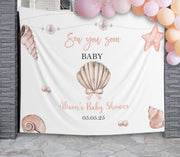 Sea You Soon Baby Shower Backdrop Shell Coquette Bow Banner
