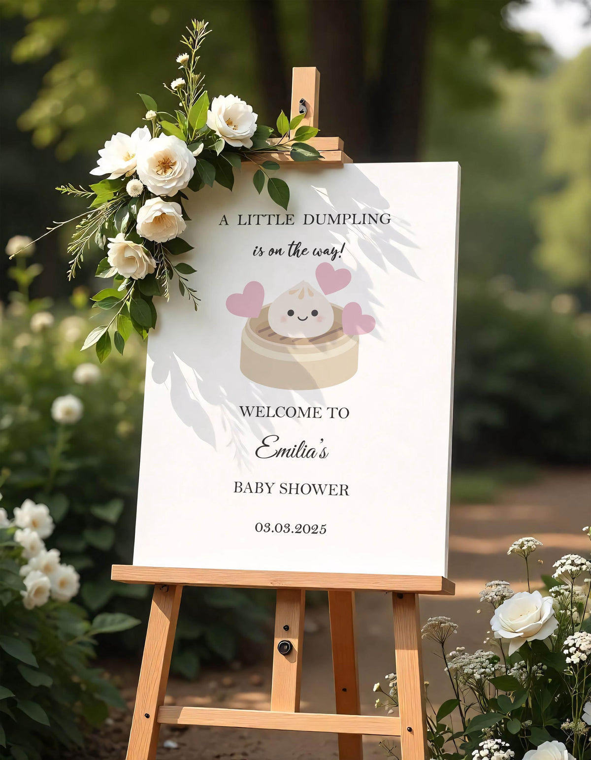 Girl Baby Shower Sign Printed Dumpling Baby Shower Welcome Sign Little Dumpling on the Way Modern Baby Sprinkle Foamboard Blue Pink Hearts