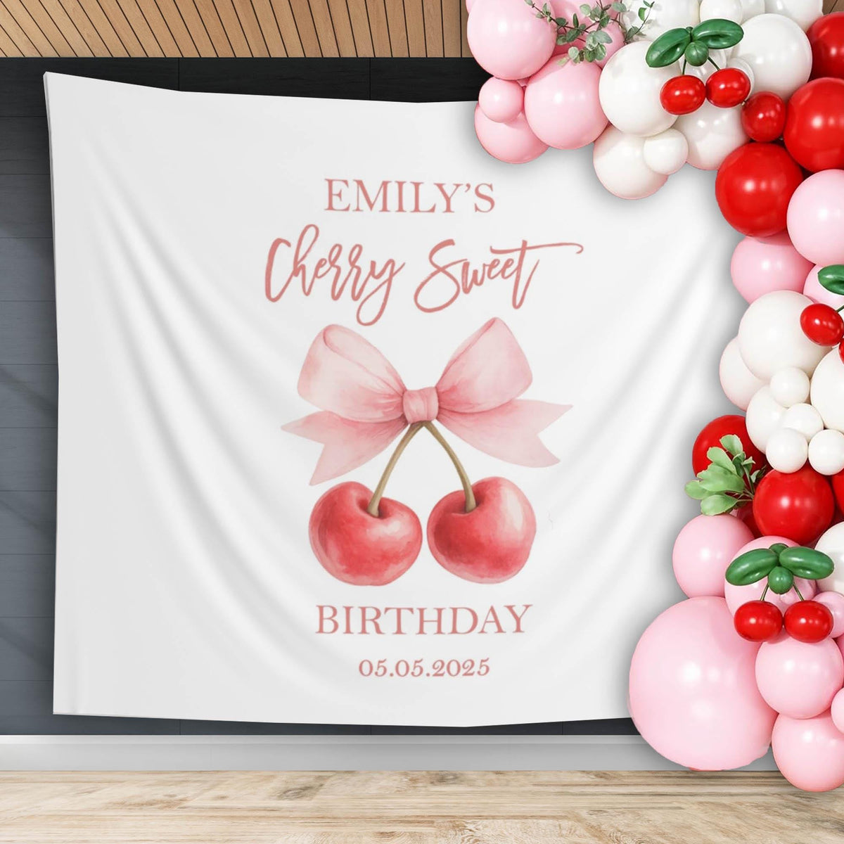 Cherry Sweet Birthday Party Decor Couquette Bow Cherries Backdrop