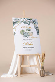 Little Pumpkin Baby Shower Welcome Sign Printed Fall greenery Baby Sprinkle Decor Autumn Baby shower Foamboard Entrance Poster Paper