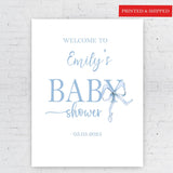 Printed Blue Bow Sign Baby Shower Welcome Sign Boy Baby Shower Foamboard Coquette Bow Baby Sprinkle Poster Paper Personalized Name Sign