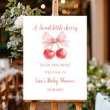 Printed Cherry Baby Shower Welcome Sign Couquette Bow Baby Shower Foamboard Sweet little Cherry Baby Sprinkle Decor Custom Entrance Sign