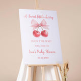Printed Cherry Baby Shower Welcome Sign Couquette Bow Baby Shower Foamboard Sweet little Cherry Baby Sprinkle Decor Custom Entrance Sign