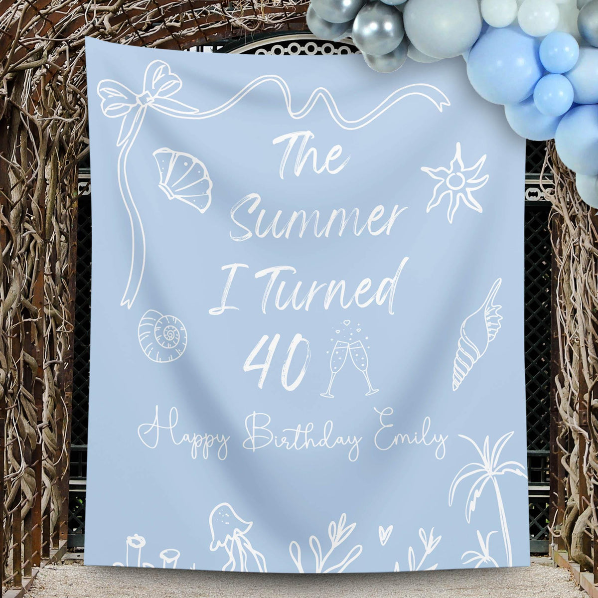 The Summer I turned 40th Birthday Decor Any Age Multi Color Birthday Banner Custom Birthday Party Backdrop Sea Animals Beach Party Sign