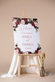 Printed Wedding Welcome Sign Burgundy Blush Floral Foamboard Autumn Wedding Reception Decor Custom Engagement Wedding Shower Poster