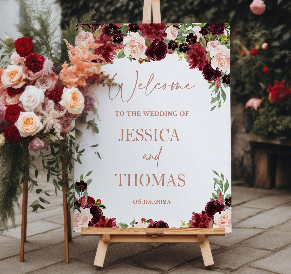 Printed Wedding Welcome Sign Burgundy Blush Floral Foamboard Autumn Wedding Reception Decor Custom Engagement Wedding Shower Poster