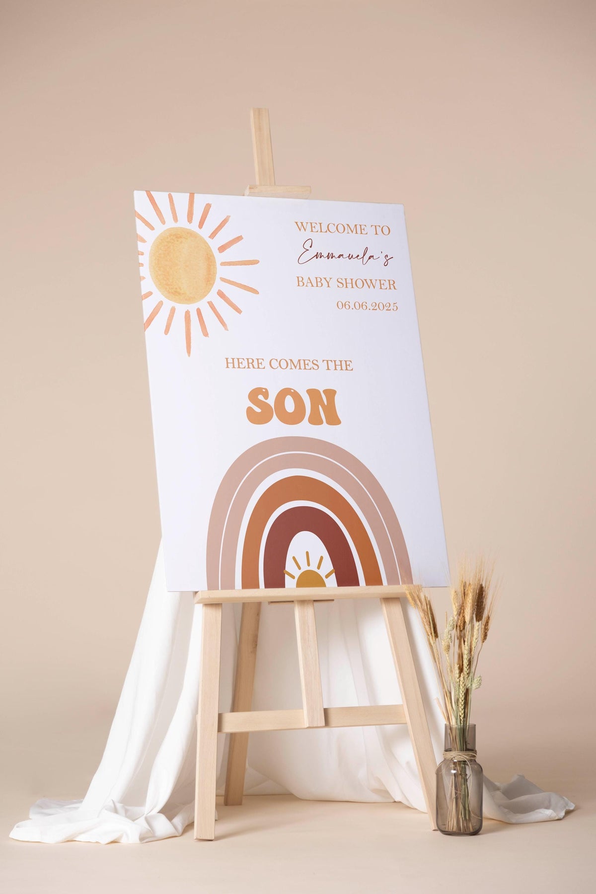 Printed Baby Shower Sign Son Sun Rainbow Baby Sprinkle Foamboard Sunshine Rainbow Boho Retro Boy Baby Shower Entrance Poster