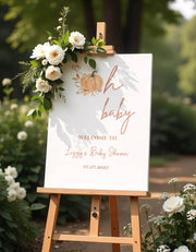 Printed Pumpkin Oh Baby Welcome Sign Autumn Baby Shower Foamboard Boho Fall Baby Shower Decor Simple Modern Terracotta Poster Paper