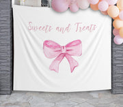 Custom Bow Backdrop Sweets and Treats Banner Coquette Bow Birthday Decor Girl Pink Ribbon Party Banner Baby Shower Sign Watercolor Bow