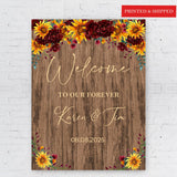 Printed Sunflower Burgundy Welcome to Our Forever Sign Merlot Floral Wedding Foamboard Rustic Engagement Decor Rustic Country Bridal Shower