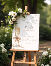 Printed Pearls Prosecco Bridal Shower Welcome Sign White Pearl Bridal Shower Foamboard Gold Bow Wedding Shower Entrance Sign Bachelorette