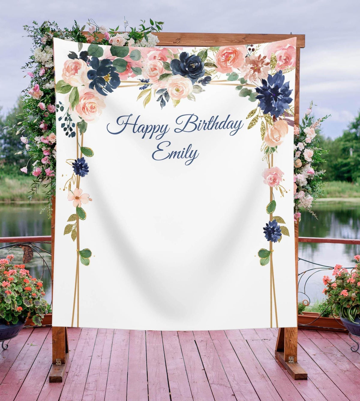 Custom Navy Blush Floral Backdrop Birthday Party Banner Women Ladies