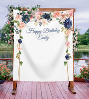 Custom Navy Blush Floral Backdrop Birthday Party Banner Women Ladies